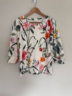 NWT LOFT Cream Vibrant Floral Spring 100% Cotton Blouse Puff Sleeves Sz XS